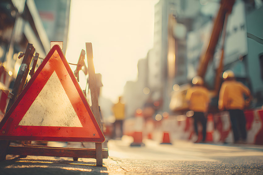 Roadworks warning sign and barriers marking an active construction zone in an urban street