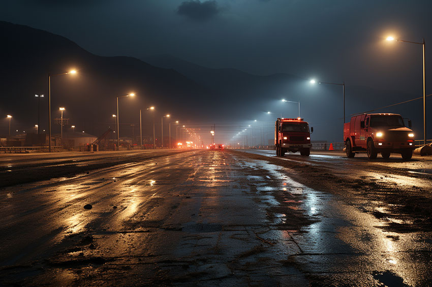 Car headlights illuminating a dark highway in poor weather, illustrating dangerous driving conditions